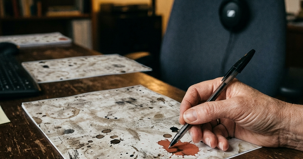 A hand holding a pen over a call transcript