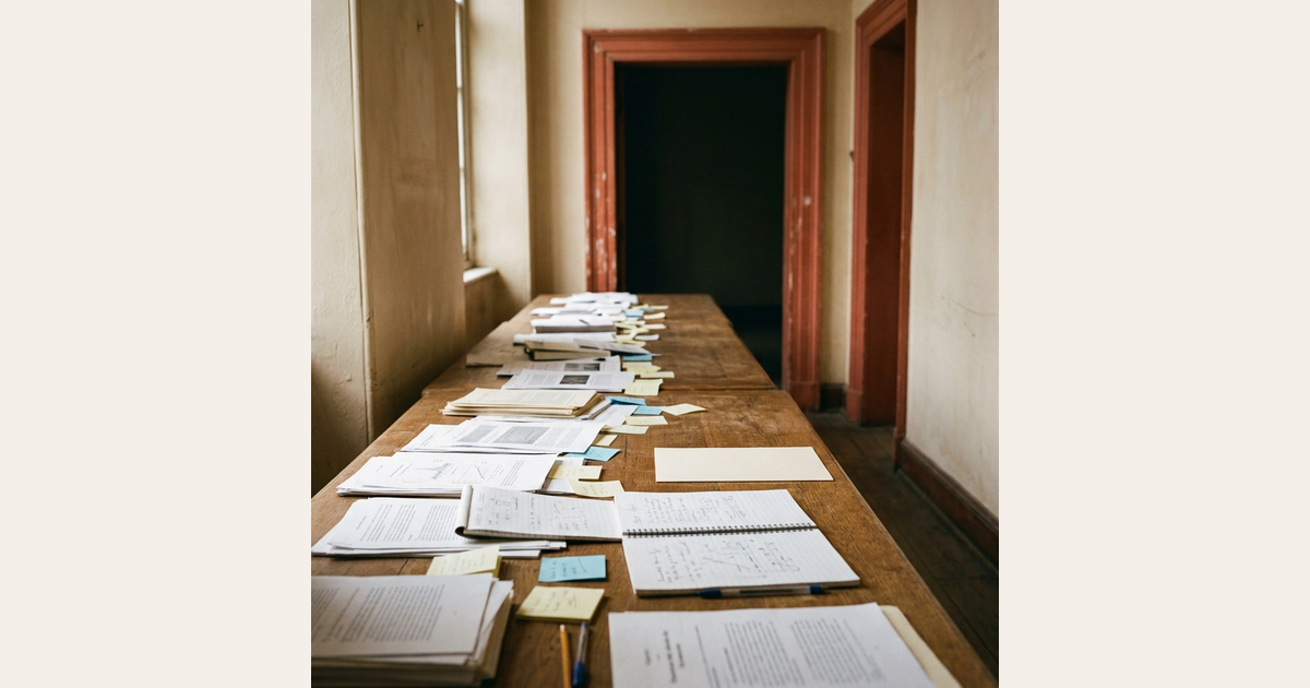 A desk covered in research papers and an open notebook, with a doorway in the background